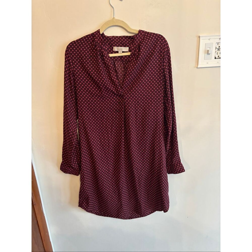 LOFT Burgundy Shirt Dress Medium Floral Vintage Print V Neck Collared Long Sleev